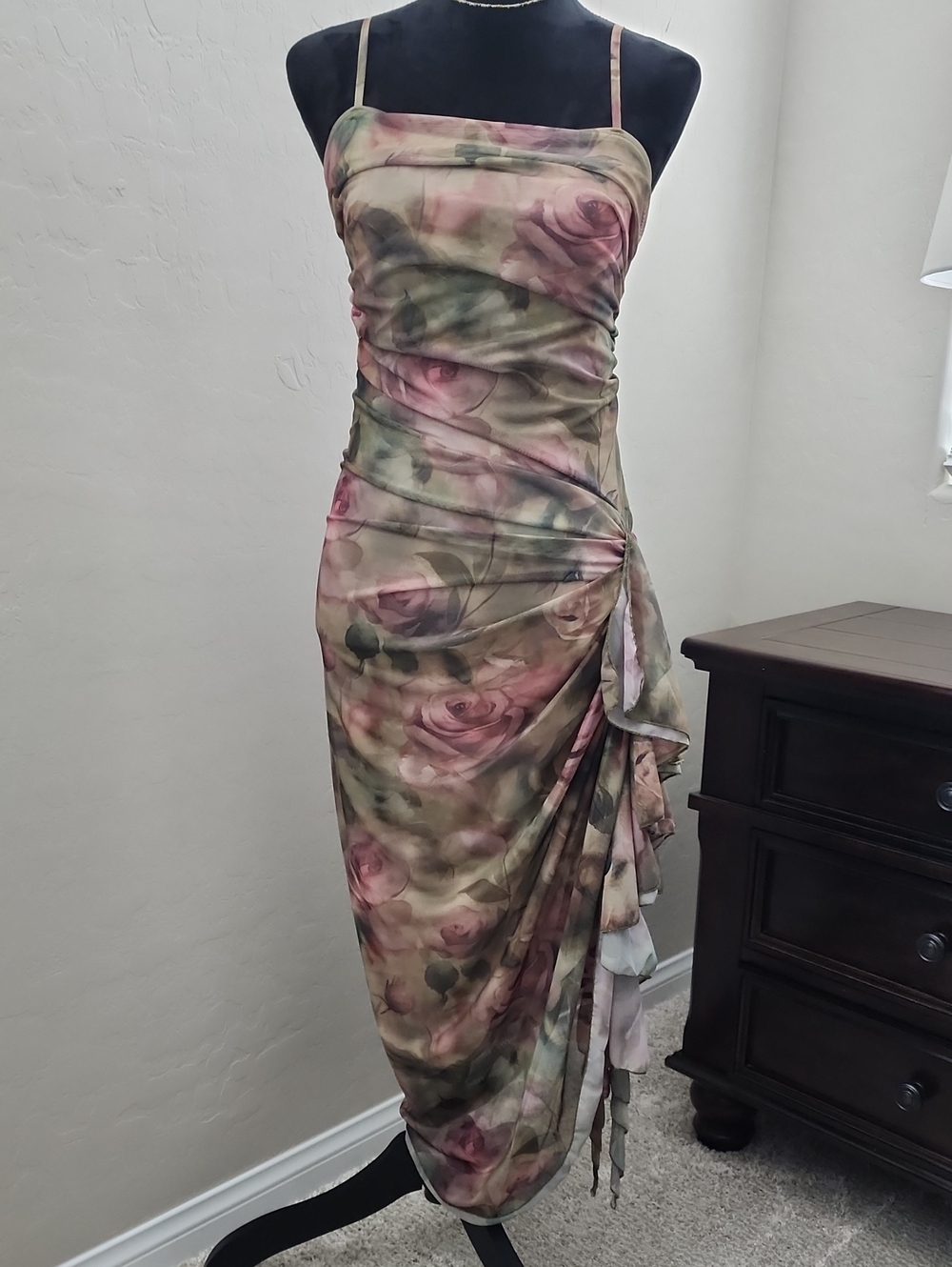 SHEIN Green & Pink Rose Print Ruched Spaghetti-Strap Midi Dress